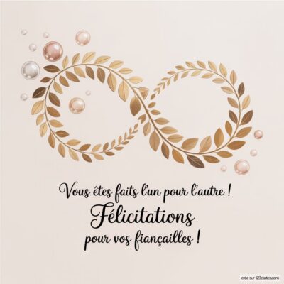 Une carte de félicitations pour fiançailles avec un motif infini de feuilles dorées et perles. Texte : Félicitations pour vos fiançailles !