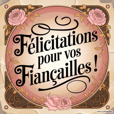 Carton de félicitations pour des fiançailles, avec roses et un design vintage. Écrit en élégantes lettres noires.
