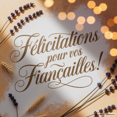 Carte de félicitations pour des fiançailles, décorée de lavandes et d'épis de blé sur fond lumineux doré.