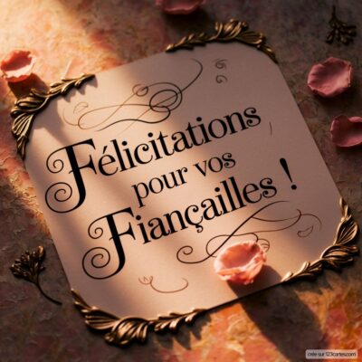 Carte de félicitations en papier beige avec des roses décoratives, portant l'inscription Félicitations pour vos Fiançailles ! en élégante calligraphie.