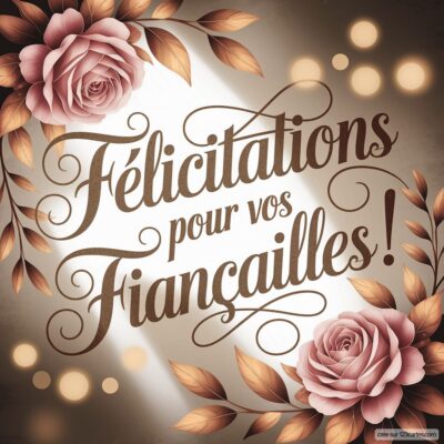 Carte de félicitations pour des fiançailles, ornée de roses et de feuilles, avec un message élégant en doré.