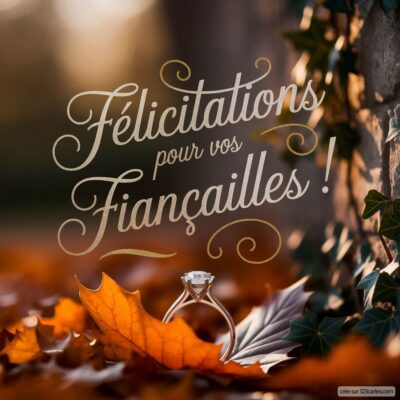 Carte de félicitations pour des fiançailles, avec un anneau brillamment posé sur des feuilles d'automne.