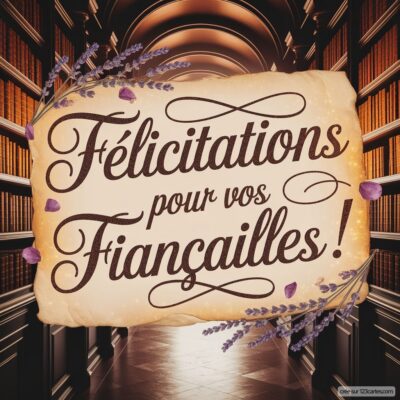 Carte de félicitations pour des fiançailles, avec un fond de bibliothèque et des décorations florales en violet.