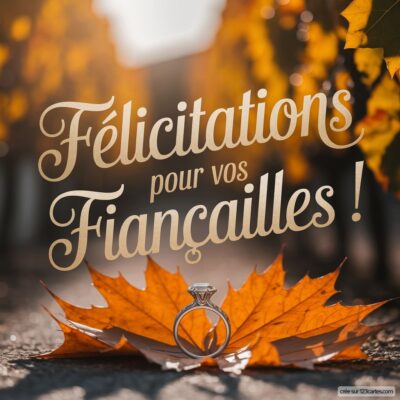 Carte de félicitations pour fiançailles, avec un anneau brillant posé sur une feuille d'automne.