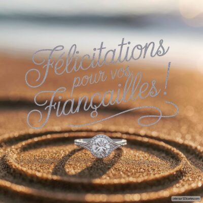 Une bague de fiançailles brillante posée sur le sable, avec l'inscription 'Félicitations pour vos fiançailles !'