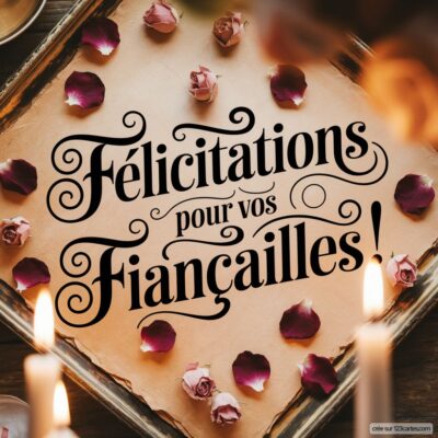 Carte de félicitations pour des fiançailles, avec des pétales de rose et des bougies sur un fond élégant.