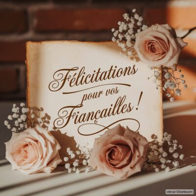 Carte de félicitations en papier avec des roses pâles et des fleurs blanches, inscription : Félicitations pour vos fiançailles !