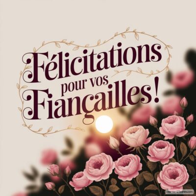 Carte de félicitations aux fiançailles, avec des roses en fond et le texte Félicitations pour vos Fiançailles ! au centre.
