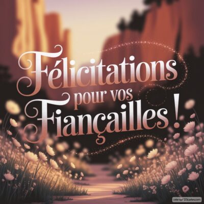 Carte de félicitations pour des fiançailles, avec un fond de fleurs et un chemin, le texte en lettres élégantes.