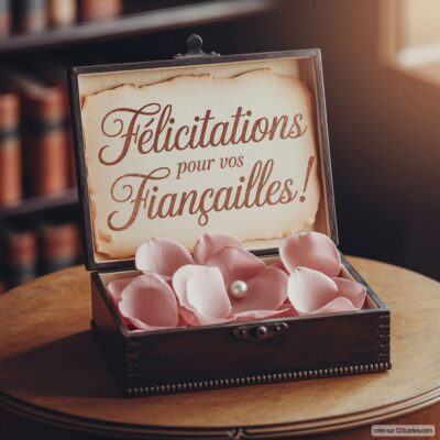 Boîte en bois ouverte avec un message de félicitations pour des fiançailles, entourée de pétales roses et d'une perle.