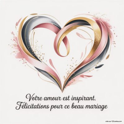 Carte de félicitations de mariage avec un cœur stylisé en rose, doré et noir, accompagné d'un message chaleureux.