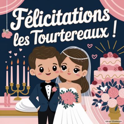 Carte de félicitations mariage avec un couple souriant en costume et robe, devant un gâteau et des bougies. Texte joyeux.