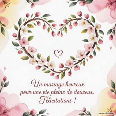 Carte de félicitations mariage ornée de fleurs roses et d’un cœur, avec le message : Un mariage heureux pour une vie pleine de douceur.