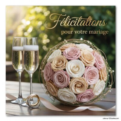 Deux flûtes de champagne, un bouquet de roses en dégradé de couleurs et deux alliances sur une table, avec Félicitations pour votre mariage.