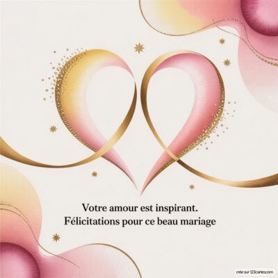 Carte de félicitations de mariage avec un cœur stylisé en rose et or, accompagnée du message : Votre amour est inspirant.