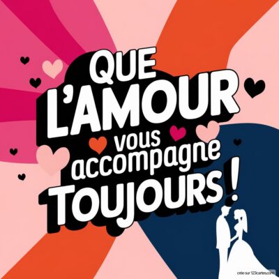 Carte de félicitations mariage avec un fond coloré et le message : Que l'amour vous accompagne toujours ! et une illustration d'un couple d'amoureux.