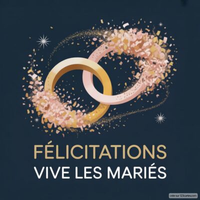 Image de félicitations mariage avec deux anneaux entrelacés, entourés de confettis, et le texte Félicitations, vive les mariés.