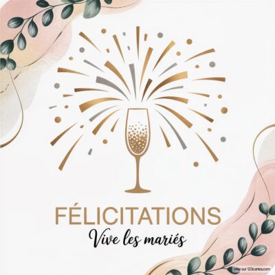Carte de félicitations mariage avec une coupe de champagne, des feux d'artifice et les mots Félicitations, Vive les mariés.