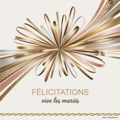 Carte de félicitations mariage avec un nœud décoratif doré et des rubans en rose, accompagnée des mots Félicitations, vive les mariés.