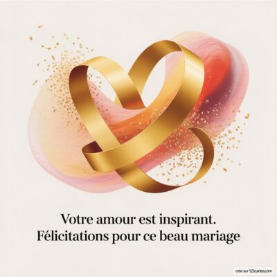 Carte de félicitations de mariage avec un cœur doré stylisé sur fond pastel et une inscription douce en dessous.