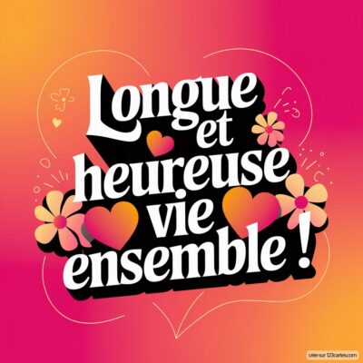 Carte de félicitations de mariage avec le message Longue et heureuse vie ensemble, décoré de fleurs et cœurs sur fond dégradé.