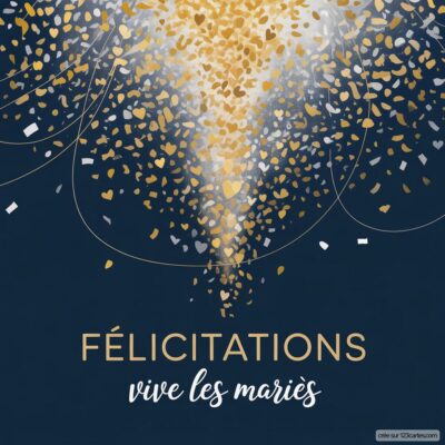 Carte de félicitations mariage avec un fond bleu, des cœurs dorés, argentés et blancs en pluie, inscrite Félicitations, vive les mariés.
