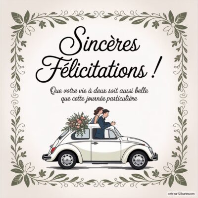 Carte de félicitations mariage : un couple heureux dans une voiture, entouré de fleurs, avec le message Sincères Félicitations !