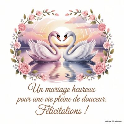 Carte de félicitations mariage avec deux cygnes majestueux sur un lac, entourés de roses et d'un message doux.