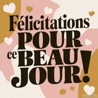 Carte de félicitations de mariage avec un fond pastel et des cœurs, portant le message Félicitations pour ce beau jour ! en lettres stylisées.