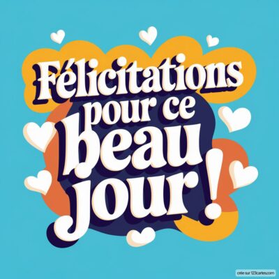 Carte de félicitations mariage avec inscription colorée : 'Félicitations pour ce beau jour !' entourée de cœurs.