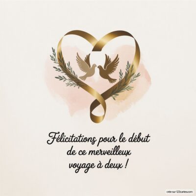 Carte de félicitations mariage avec un cœur doré, des colombes et un message chaleureux sur le voyage à deux.