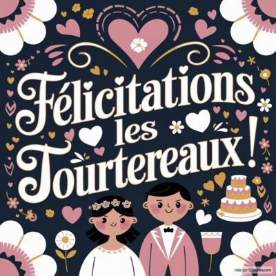 Carte de félicitations de mariage avec des illustrations de fleurs, cœurs et un couple en habits de cérémonie.