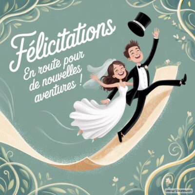 Carte de félicitations mariage : jeune couple joyeux en tenue festive, sur un chemin stylisé, entouré de motifs floraux.