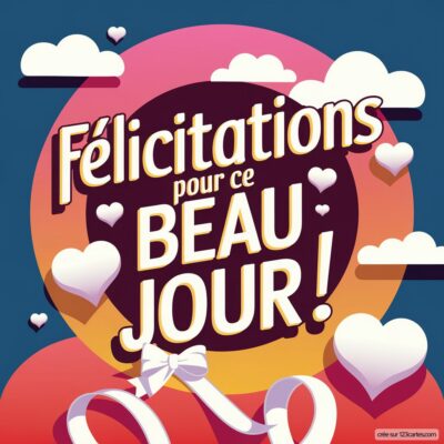 Carte de félicitations mariage avec un fond coloré, des cœurs et le texte Félicitations pour ce BEAU JOUR ! stylisé.