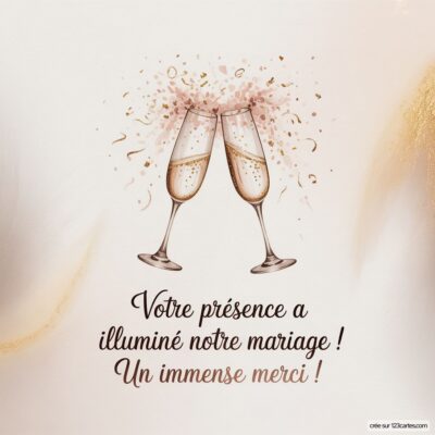 Deux flûtes de champagne s’entrechoquent, entourées de confetti, avec le message de remerciement pour le mariage.