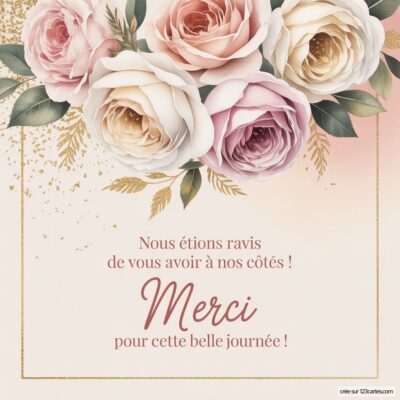 Carte de remerciement de mariage ornée de roses en dégradé pastel et d'une inscription dorée : Merci pour cette belle journée !