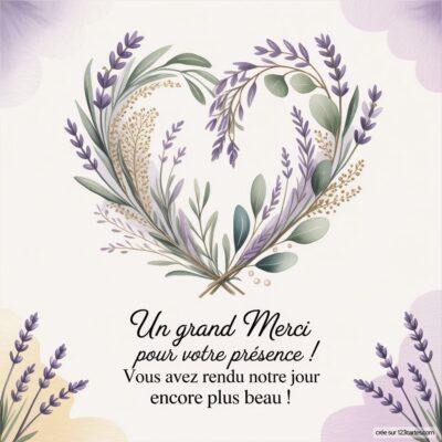 Carte de remerciement de mariage, ornée de fleurs et d'herbes colorées en forme de cœur, avec un message chaleureux de gratitude.