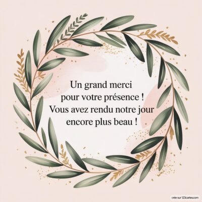 Carte de remerciement de mariage avec un fond rose, ornée de feuilles vertes et dorées, exprimant gratitude pour la présence des invités.