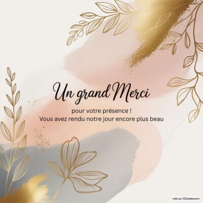 Carte de remerciement de mariage avec un texte élégant sur un fond pastel, agrémenté de motifs floraux dorés.