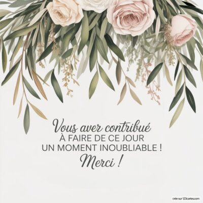 Carte de remerciement de mariage avec des fleurs pastel et un message de gratitude pour les invités.