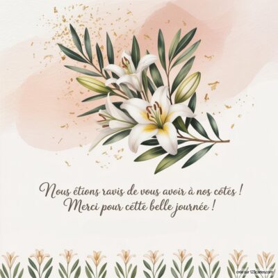 Carte de remerciement de mariage avec des fleurs blanches et vertes sur fond pastel, accompagnée d'un message de gratitude.