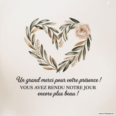 Image de carte de remerciement avec un cœur formé de feuilles et une rose, inscrite avec un message de gratitude pour les invités.