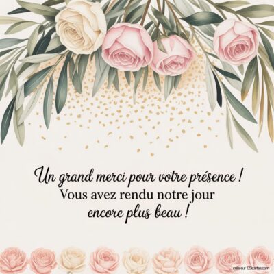 Carte de remerciement de mariage avec des roses délicates et un message exprimant gratitude pour la présence des invités.