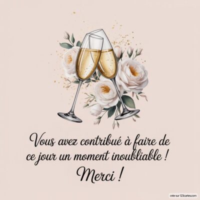 Deux flûtes de champagne trinquant, entourées de fleurs blanches, avec le texte : Merci d'avoir contribué à ce jour inoubliable !