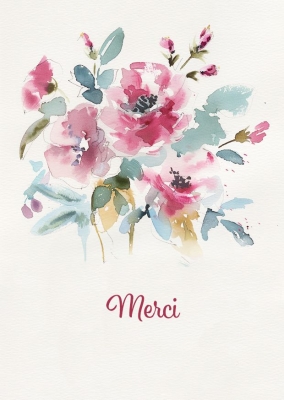Image d'un bouquet de fleurs peint à l'aquarelle, avec des pétales roses et des feuilles vertes. En bas de l'image, le mot Merci est écrit en lettres cursives d'un rouge élégant.