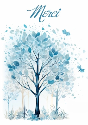 Illustration artistique représentant un arbre stylisé aux feuilles bleu clair et turquoise. L'arbre est entouré de petites feuilles flottantes et de papillons.