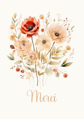 Bouquet de fleurs aquarelle colorées, comprenant des pivoines roses, une anémone rouge et des roses beiges. Le fond est crème et la composition florale est agrémentée de feuillages délicats et de petites baies.