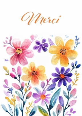 Illustration aquarelle colorée de fleurs variées, incluant des coquelicots roses, des marguerites jaunes et des fleurs violettes, entourées de feuillages délicats. Au-dessus du bouquet, le mot Merci est écrit en lettres cursives orange sur fond blanc.