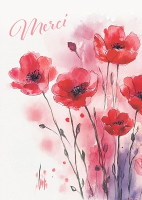 Illustration d'un bouquet de coquelicots rouges, peints dans un style aquarelle délicat. Les fleurs sont accompagnées de tiges fines et de feuilles vertes, tandis qu'un fond doux et flou en dégradé pastel met en valeur les pétales.