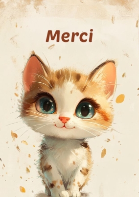 Illustration d'un adorable chaton avec de grands yeux bleu-vert et un pelage tigré orange et blanc. Le chaton sourit joyeusement et se tient au centre de l'image, entouré de petites feuilles dorées qui tombent.